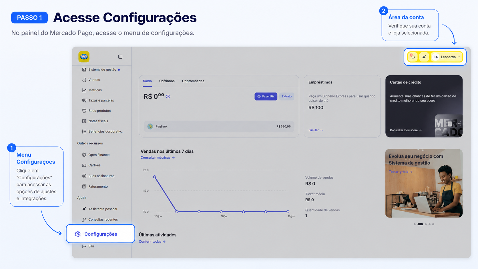 Acesso ao menu Configurações no Mercado Pago
