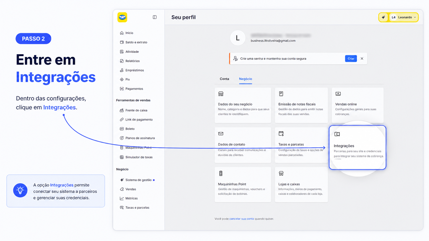 Card Integrações nas configurações do Mercado Pago