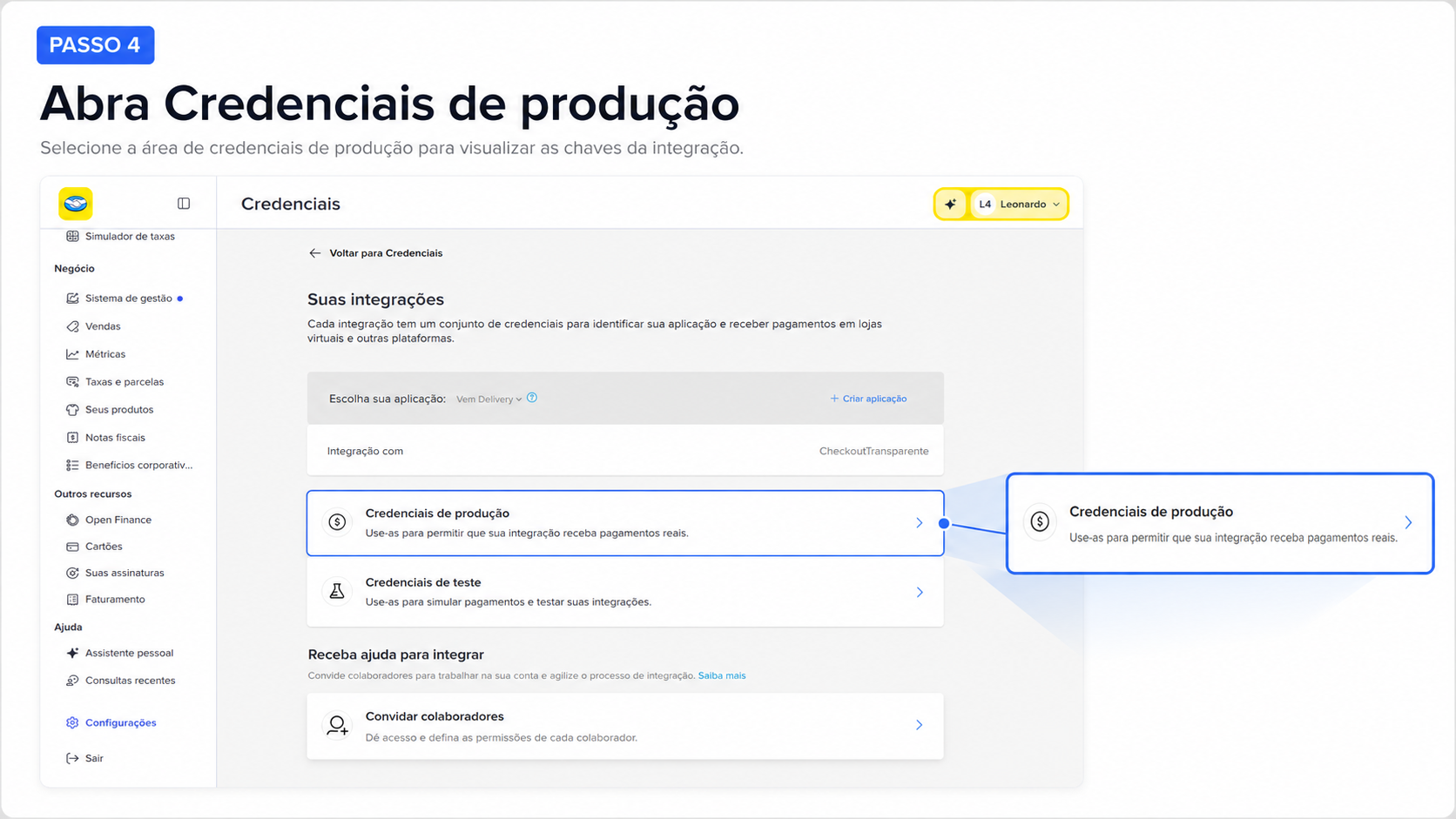 Abertura das credenciais de produção no Mercado Pago