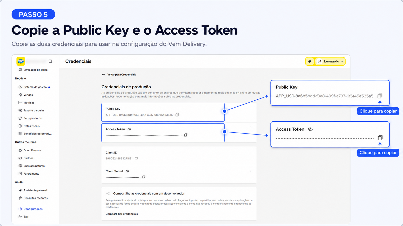 Cópia da Public Key e do Access Token no Mercado Pago